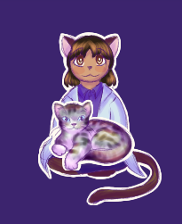 A drawing of Tadora, a brown-skinned cat person with a purple shirt. A gray tabby named Buterbrod is sitting on her lap.